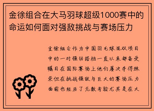 金徐组合在大马羽球超级1000赛中的命运如何面对强敌挑战与赛场压力