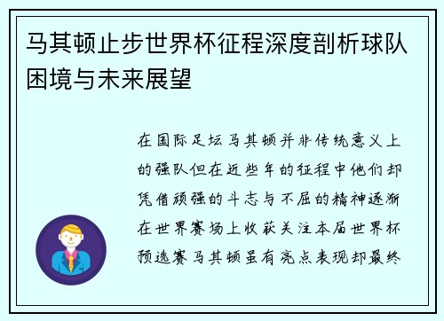 马其顿止步世界杯征程深度剖析球队困境与未来展望 马其顿止步世界杯征程深度剖析球队困境与未来展望